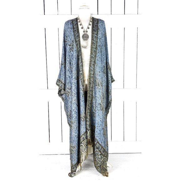 MAXI Grey blue paisley pashmina kimono cover up cardigan jacket - Picture 1 of 7